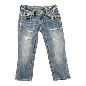 Miss Me Women's Signature Cuffed Capri Jeans Sz  24 Distressed Jeweled EUC